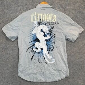 Vintage Ed Hardy Tattooed Snap Shirt‎ Mens Medium Tiger Graphic Embroidered Y2k